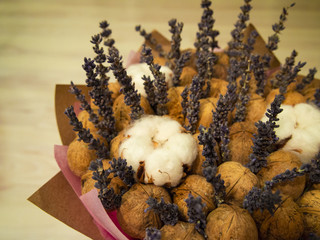 composition of walnuts, lavender and cotton