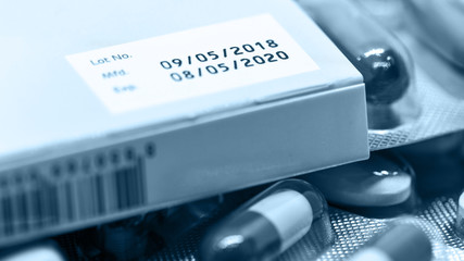Manufacturing date and expiry date on some pharmaceutical packaging.