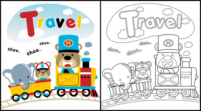 Coloring book vector with animals travel cartoon with train
