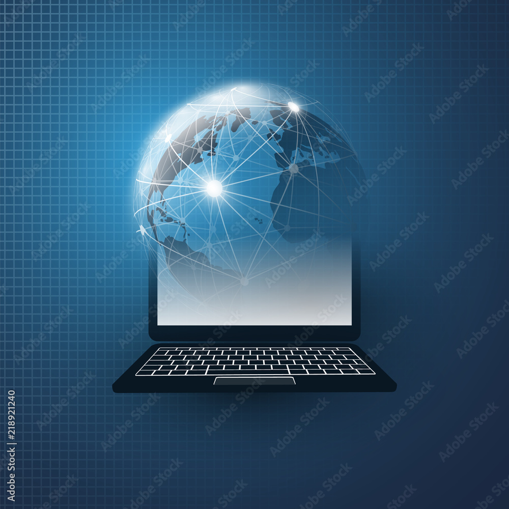 Poster cloud computing design concept with earth globe and notebook pc - digital network connections, techn