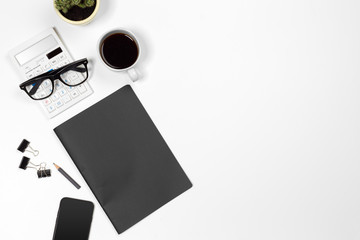 Naklejka premium Blank office desk background with copy space for your text. Top view.
