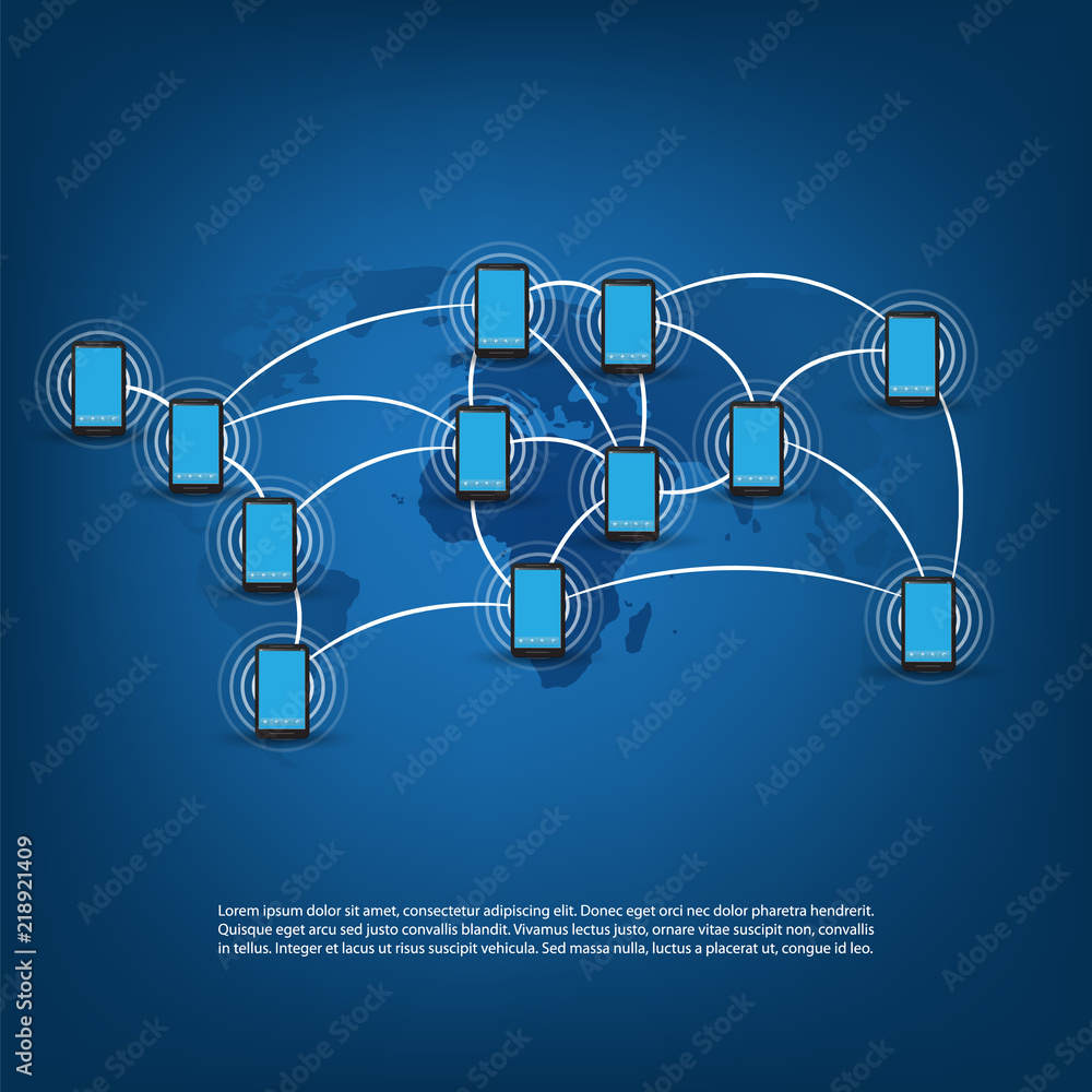 Poster mobile network connections, technology background - cloud computing design concept with mesh and wor