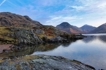 Rugged landscape of the lake district near scaffel pike with moutains, hills and lakes in cool autumn weather 