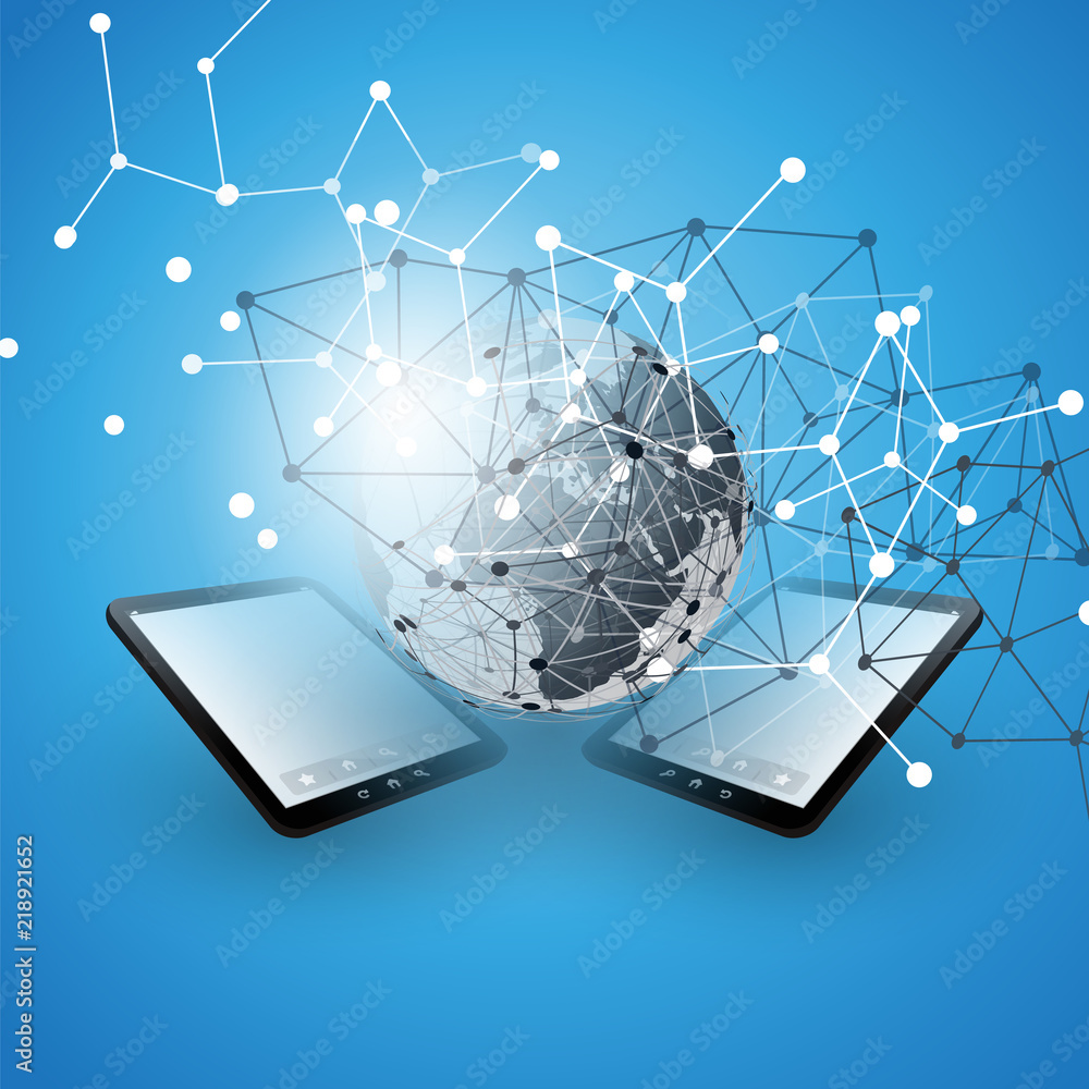 Poster cloud computing design concept with earth globe and tablet pc - digital network connections, technol