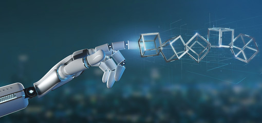 Cyborg hand holding a blockchain cube 3d rendering