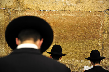 Orthodox Jewish men pray at the western wailing wall  in Jerusalem old city Israel © Rafael Ben-Ari