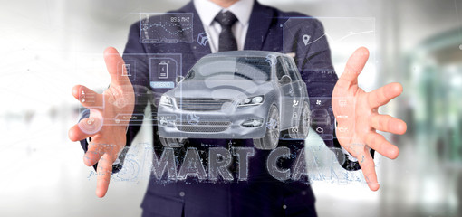 Man holding a Dashboard smartcar interface dashboard 3d rendering