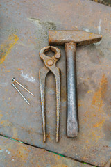 rusty old hammer, pliers and nails