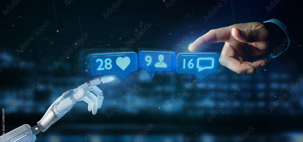Poster cyborg hand holding like, follower and message notification on social network - 3d rendering