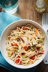 Sweet chilli chicken pasta salad with edamame and red peppers