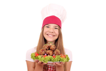 happy little girl cook with meatballs