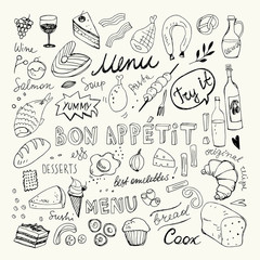 Restaurant Doodle Set. Hand Drawn Vector Illustration. Pencil Ink Drawing. Bon Appetit Food Collection 