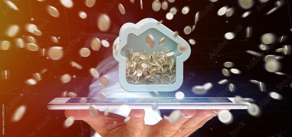 Poster man holding a house moneybox with coin surrounding all over 3d rendering