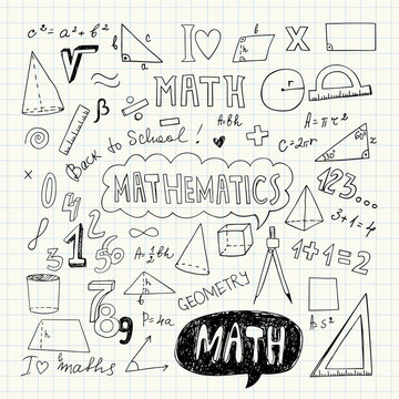 Hand Drawn Mathematical Doodle Handwriting Elements. School Education Background. Vector Illustration. Pencil Drawing.