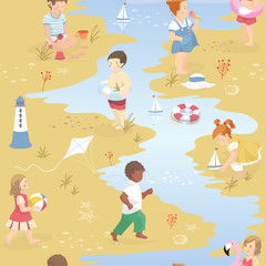 Seamless pattern with kids playing on the beach. Vector illustration