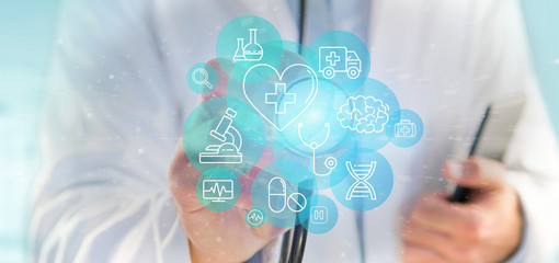 Businessman holding Medical icon and connection 3d rendering