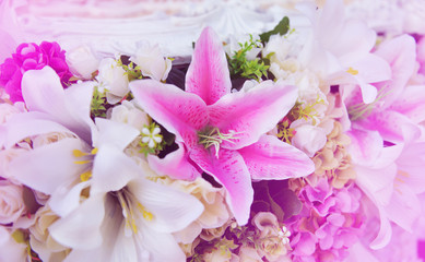 Pink Lily flower design in vase. Bunch of coloful lily .Commonly known as Oriental Stargazer Lily