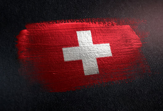 Switzerland Flag Made of Metallic Brush Paint on Grunge Dark Wall