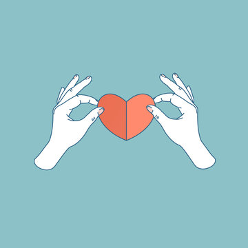 Woman hand holding paper heart. Handmade heart shape. Vector illustration