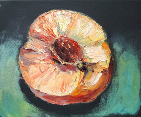 A half of a peach, single, on the dark artistic background, with deep shadow. Oil painting, original artwork
