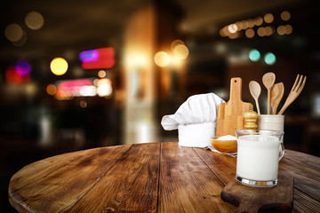 Wooden desk of free space for your decoration and cook hat. 
