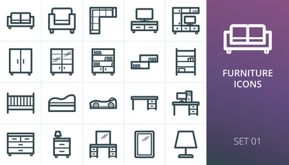 Furniture icons set. Collection of sofa, armchair, wardrobe, baby crib, bedroom table, interior