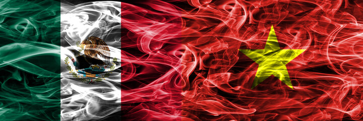 Mexico vs Vietnam smoke flags placed side by side. Mexican and Vietnam flag together