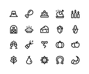 Simple Set of Thanksgiving Related Vector Line Icons. Contains such Icons as pilgrim hat, chicken wing, cake, candles, barn and More. pixel perfect vector icons based on 32px grid editable strokes. 