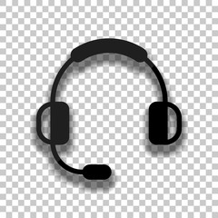 Headphones with microphone. Support service. Simple icon. Black