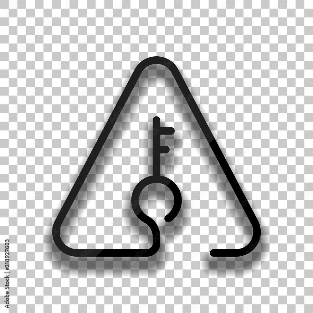 Poster key in warning triangle. linear icon with thin outline. one line