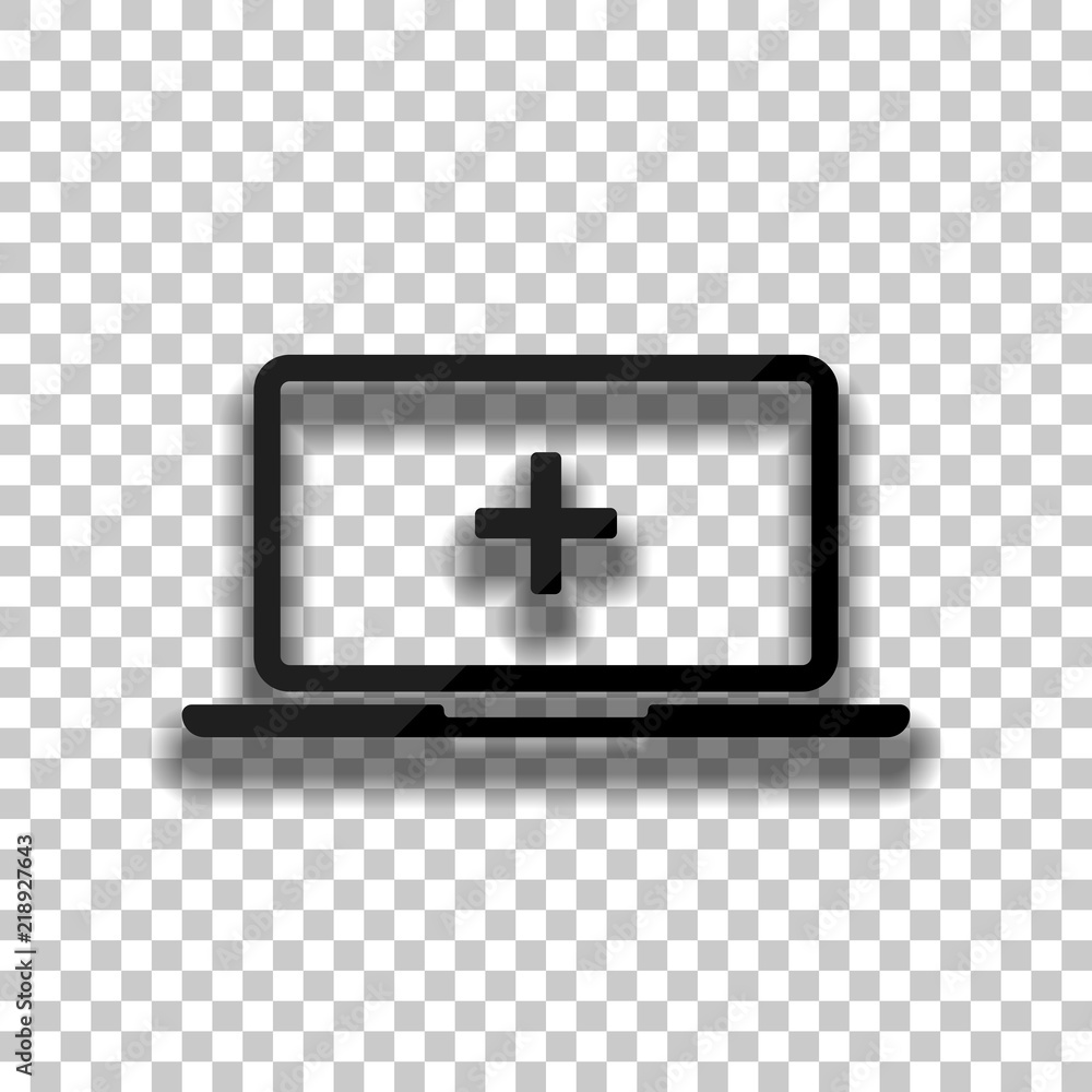 Poster laptop or notebook computer with medical cross on screen. simple