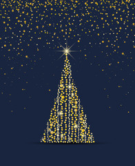 Vector illustration Christmas tree from lights. Golden christmas tree on blue background