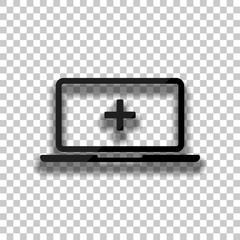 Laptop or notebook computer with medical cross on screen. Simple