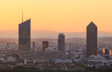 The skyline of the business center in the French city of Lyon during a summer sunrise.