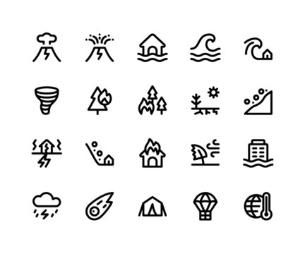 Simple Set of Disaster Related Vector Line Icons. Contains such Icons as volcano, eruption, flood, wave, tsunami and More. pixel perfect vector icons based on 32px grid editable strokes.