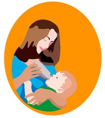 young beautiful girl feeding her baby through a bottle