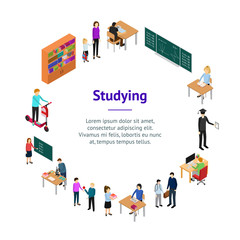 Children Student and Teacher Banner Card Circle Isometric View. Vector