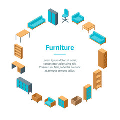 Office Furniture 3d Banner Card Circle Isometric View. Vector