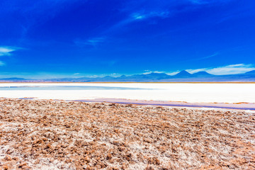 Fototapeta na wymiar Landscape in Atacama desert, Salt Lake, Chile. Copy space for text.