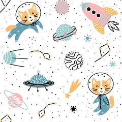 Brushed aluminium prints Cosmos Cosmic seamless pattern with cute foxes