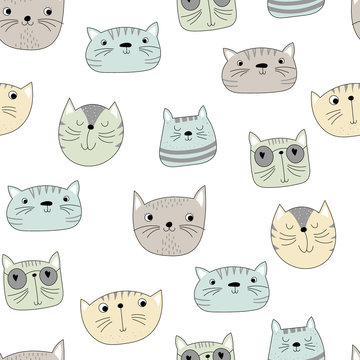 Seamless pattern with colorful cat faces