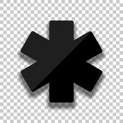 star of life. Black glass icon with soft shadow on transparent b