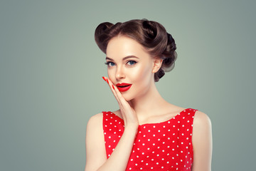 Pinup woman beauty portrait vintage retro girl model in polka dot dress