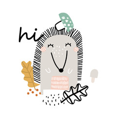 Vector illustration of cute hedgehog in forest. Can be used for kids shirt design, fashion print design, kids wear, textile, celebration card. Vector illustration. © bukhavets