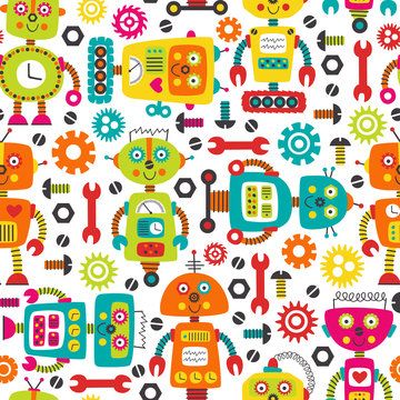 seamless pattern with colorful robots on white background  -  vector illustration, eps