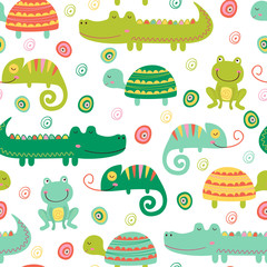 seamless pattern with colorful reptile and amphibian -  vector illustration, eps © nataka