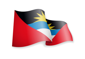 Waving Antigua and Barbuda flag on white background.