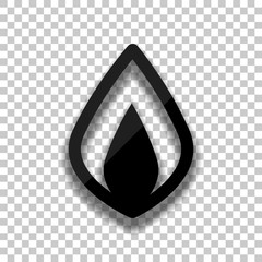 Simple fire flame icon. Black glass icon with soft shadow on tra