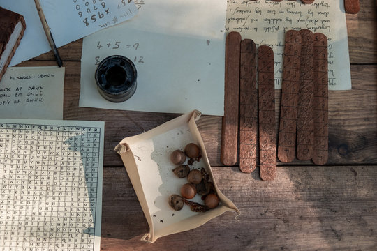 Medieval writing. Tools for ancient writing. Mascara and feathers