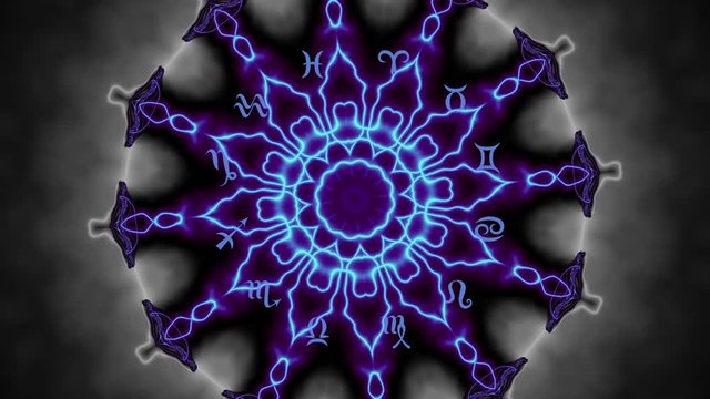 Transforming Magic circle with zodiacs sign on balck mystic mandala background..